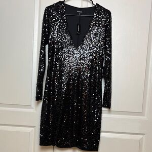 Express Black and Silver Sequin Long Sleeve Cocktail Dress